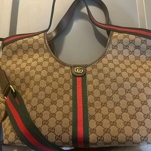Gucci Beige Monogram Pouch with Green and Red Accents